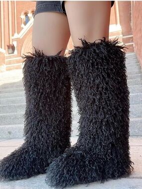 Black Furry Over-the-Knee Women's Boots